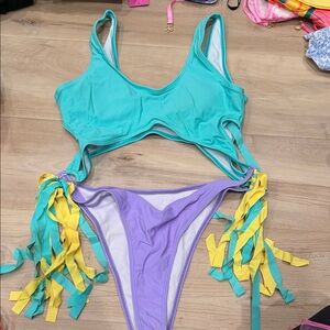 Women’s Turquoise & Lavender Two-Piece One-Piece Style Swimsuit